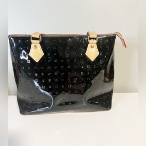 Arcadia Patent Leather Italian Embossed Logo Shoulder Bag with Tan Straps